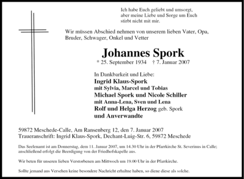  Traueranzeige für Johannes Spork vom 09.01.2007 aus Tageszeitung