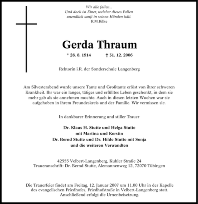  Traueranzeige für Gerda Thraum vom 09.01.2007 aus Tageszeitung