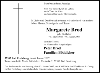 Traueranzeige von Margarete Brod von Tageszeitung