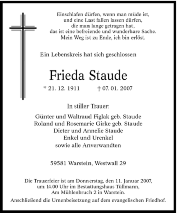 Traueranzeige von Frieda Staude von Tageszeitung