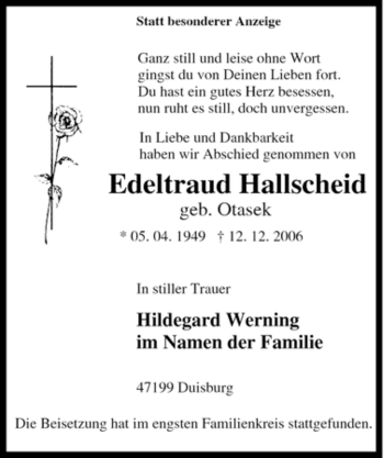 Traueranzeige von Edeltraud Hallscheid von Tageszeitung