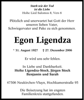 Traueranzeige von Egon Ligendza von Tageszeitung