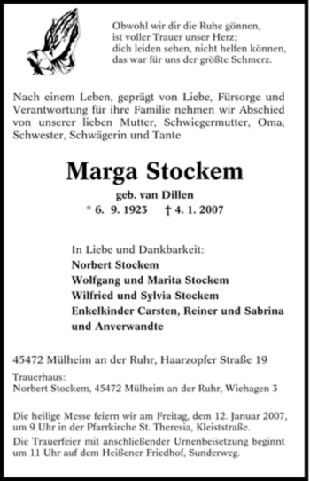 Traueranzeige von Marga Stockem von Tageszeitung