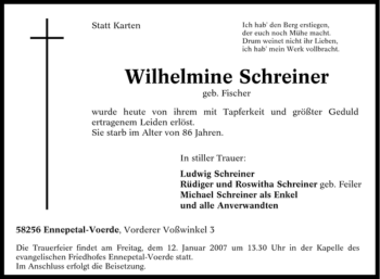 Traueranzeige von Wilhelmine Schreiner von Tageszeitung