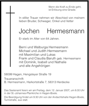 Traueranzeige von Jochen Hermesmann von Tageszeitung