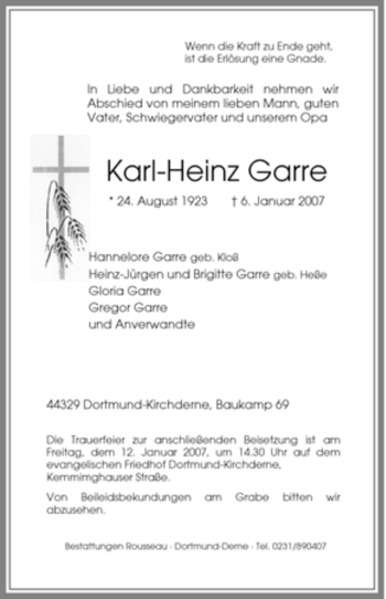Traueranzeige von Karl-Heinz Garre von Tageszeitung