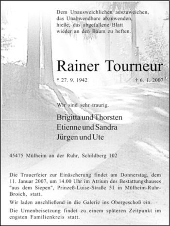 Traueranzeige von Rainer Tourneur von Tageszeitung