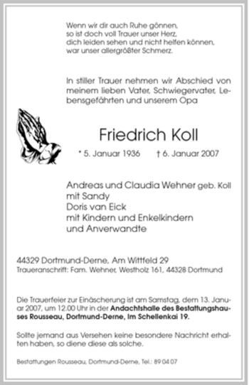 Traueranzeige von Friedrich Koll von Tageszeitung