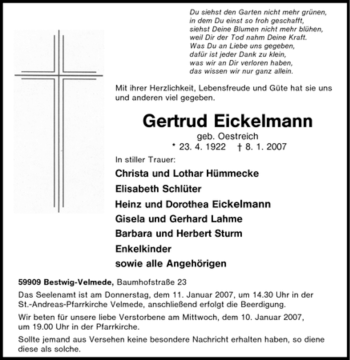 Traueranzeige von Gertrud Eickelmann von Tageszeitung