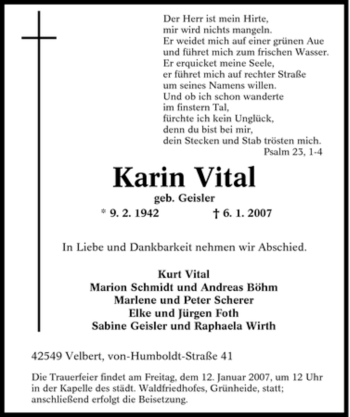 Traueranzeige von Karin Vital von Tageszeitung