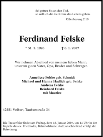 Traueranzeige von Ferdinand Felske von Tageszeitung