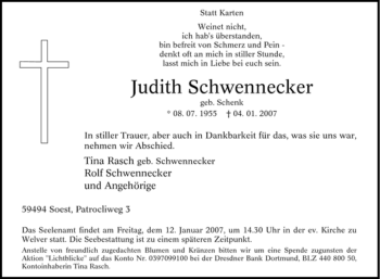 Traueranzeige von Judith Schwennecker von Tageszeitung