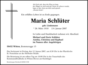Traueranzeige von Maria Schlüter von Tageszeitung
