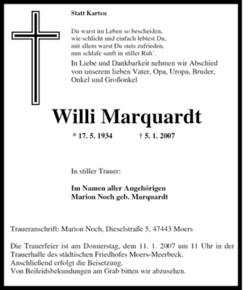 Traueranzeige von Willi Marquardt von Tageszeitung