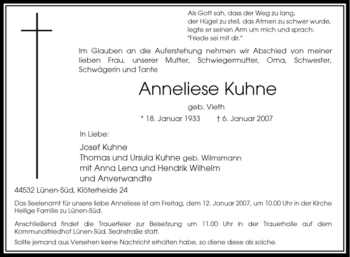Traueranzeige von Anneliese Kuhne von Tageszeitung
