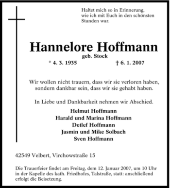 Traueranzeige von Hannelore Hoffmann von Tageszeitung