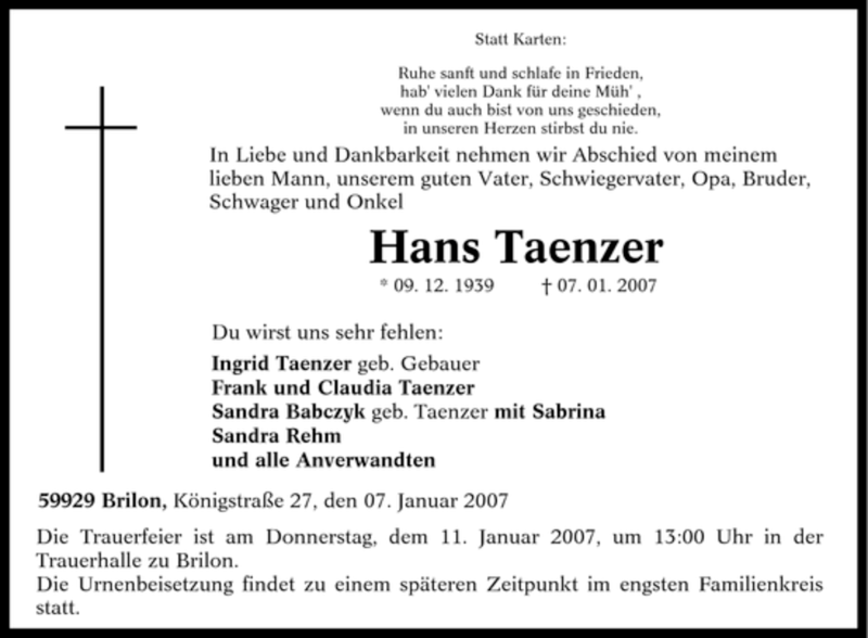  Traueranzeige für Hans Taenzer vom 09.01.2007 aus Tageszeitung