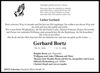 Traueranzeige von Gerhard Bortz von Tageszeitung
