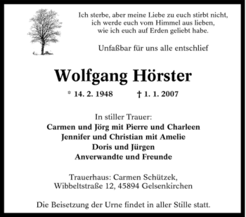 Traueranzeige von Wolfgang Hörster von Tageszeitung