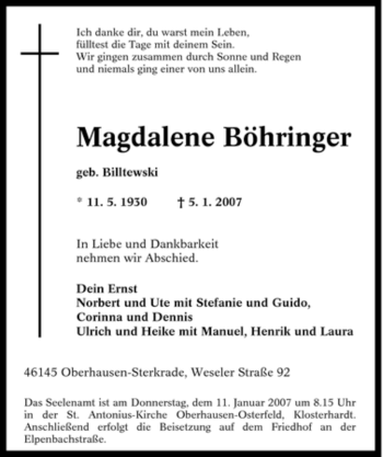Traueranzeige von Magdalene Böhringer von Tageszeitung