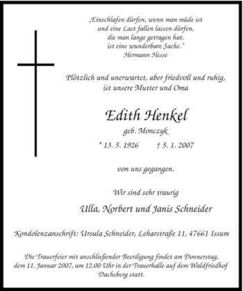 Traueranzeige von Edith Henkel von Tageszeitung
