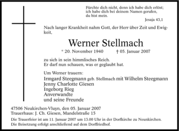Traueranzeige von Werner Stellmach von Tageszeitung