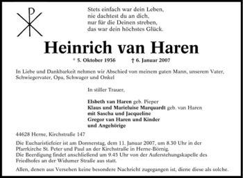 Traueranzeige von Heinrich van Haren von Tageszeitung