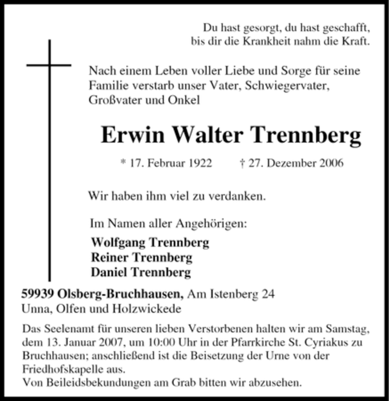  Traueranzeige für Erwin Walter Trennberg vom 10.01.2007 aus Tageszeitung