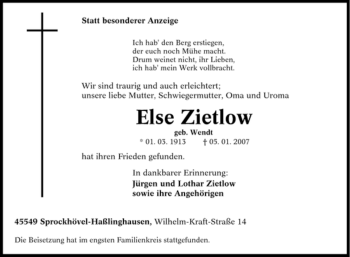 Traueranzeige von Else Zietlow von Tageszeitung