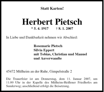 Traueranzeige von Herbert Pietsch von Tageszeitung