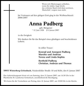 Traueranzeige von Anna Padberg von Tageszeitung