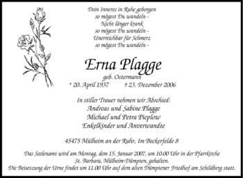 Traueranzeige von Erna Plagge von Tageszeitung