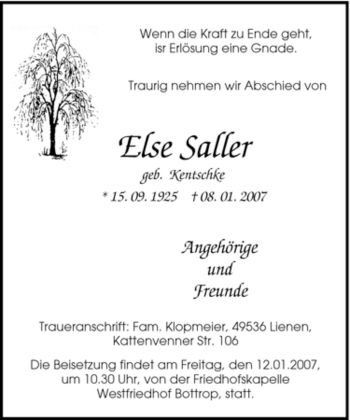 Traueranzeige von Else Saller von Tageszeitung