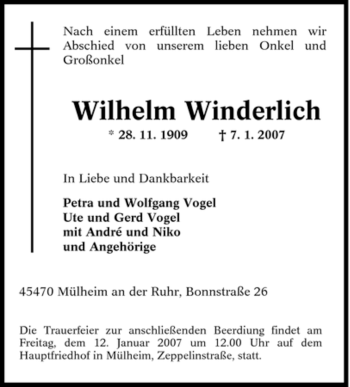 Traueranzeige von Wilhelm Winderlich von Tageszeitung