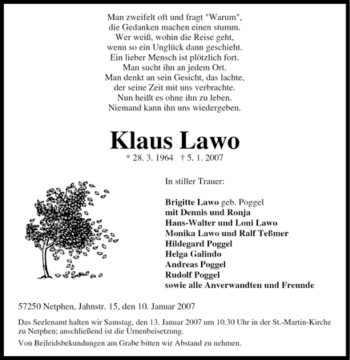 Traueranzeige von Klaus Lawo von Tageszeitung