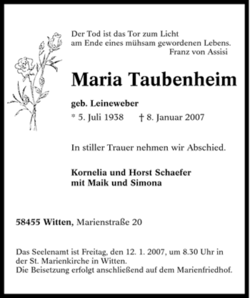 Traueranzeige von Maria Taubenheim von Tageszeitung