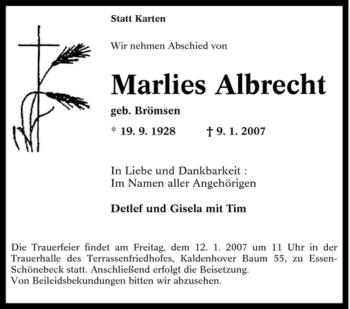 Traueranzeige von Marlies Albrecht von Tageszeitung