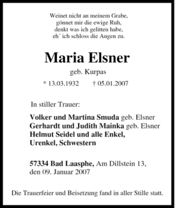 Traueranzeige von Maria Elsner von Tageszeitung