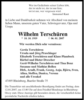 Traueranzeige von Wilhelm Terschüren von Tageszeitung