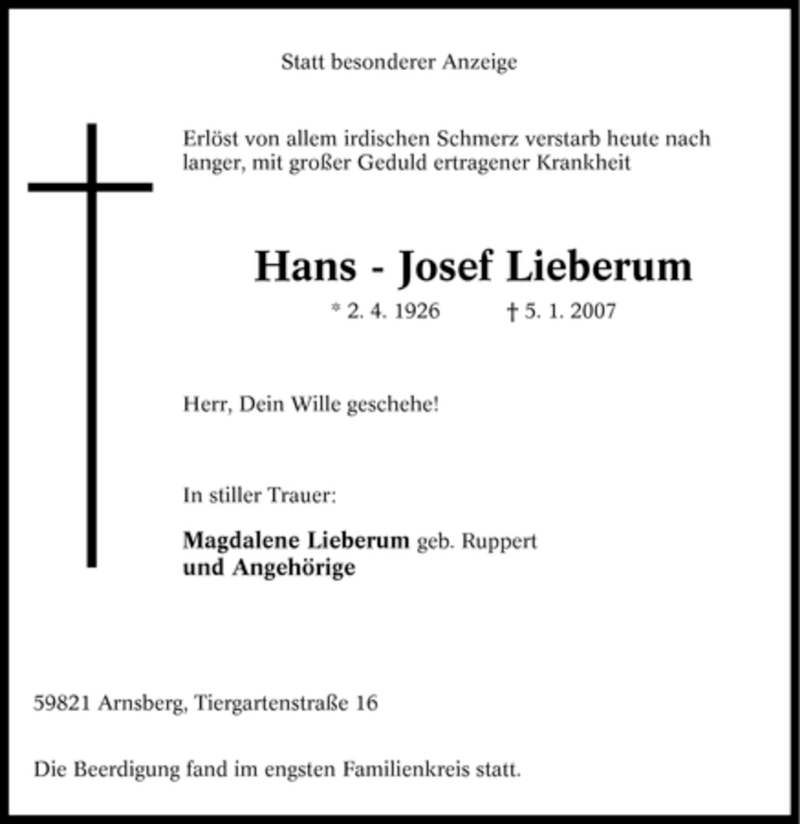  Traueranzeige für Hans-Josef Lieberum vom 11.01.2007 aus Tageszeitung