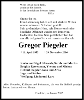 Traueranzeige von Gregor Piegeler von Tageszeitung