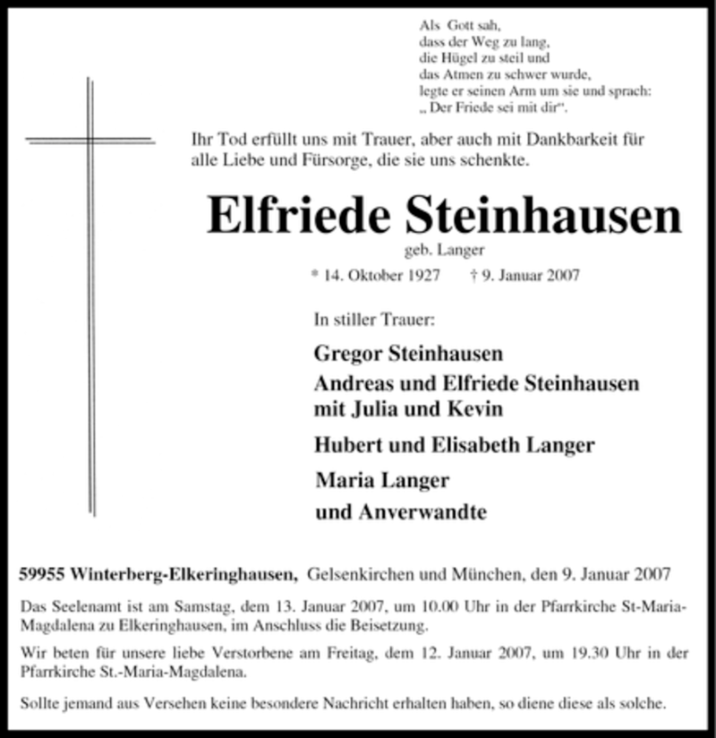 Traueranzeige für Elfriede Steinhausen vom 11.01.2007 aus Tageszeitung