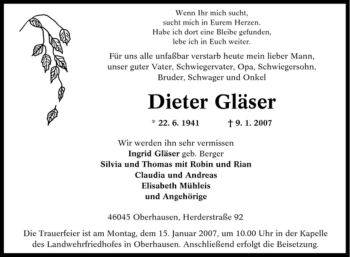 Traueranzeige von Dieter Gläser von Tageszeitung