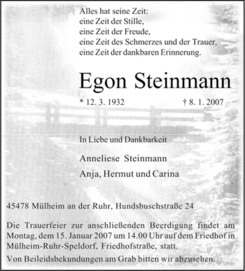Traueranzeige von Egon Steinmann von Tageszeitung