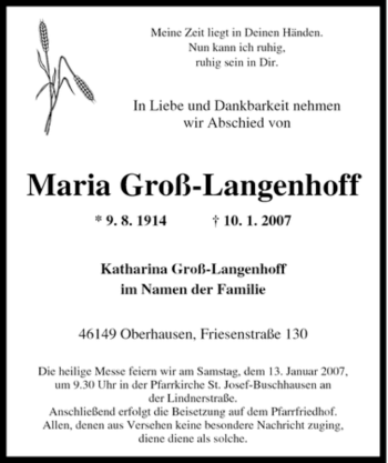 Traueranzeige von Maria Groß-Langenhoff von Tageszeitung