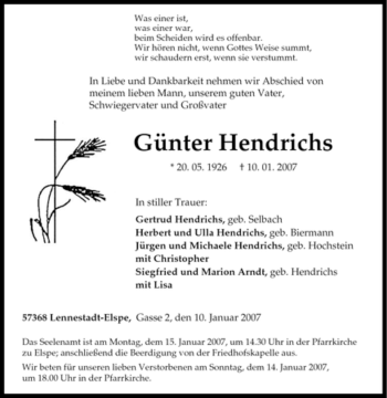 Traueranzeige von Günter Hendrichs von Tageszeitung