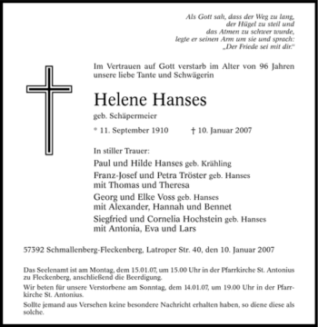 Traueranzeige von Helene Hanses von Tageszeitung