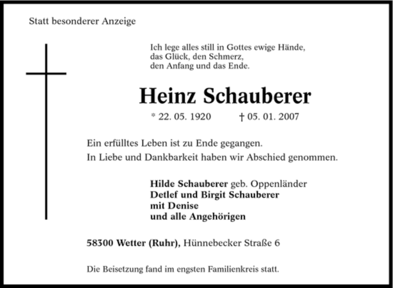  Traueranzeige für Heinz Schauberer vom 12.01.2007 aus Tageszeitung