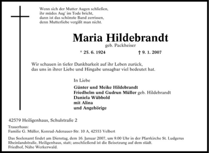  Traueranzeige für Maria Hildebrandt vom 12.01.2007 aus Tageszeitung