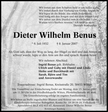 Traueranzeige von Dieter Wilhelm Benus von Tageszeitung